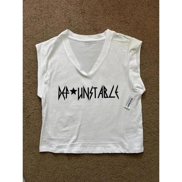 White Sleeveless V Neck T-Shirt "Def Unstable" - Picture 1 of 3